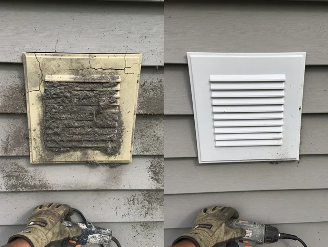 Palos Verdes Estates Dryer Vent Cleaning technician installing high-quality dryer vent cover at a residential property in Palos Verdes Estates