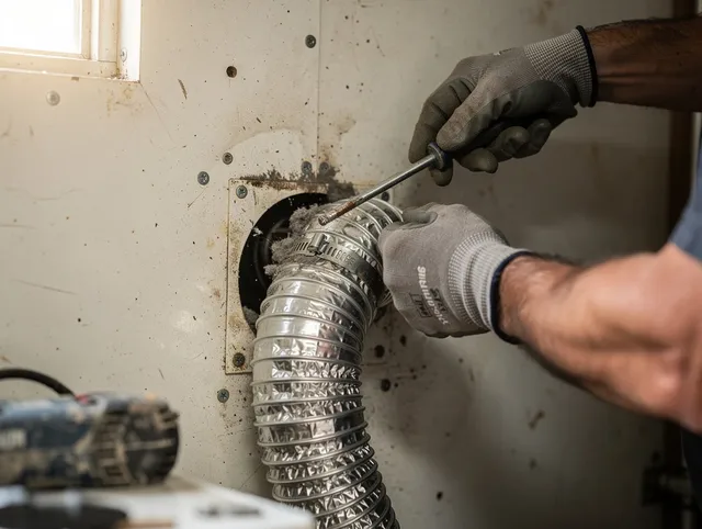 Palos Verdes Estates Dryer Vent Cleaning technician performing precise dryer vent hose installation in Palos Verdes Estates
